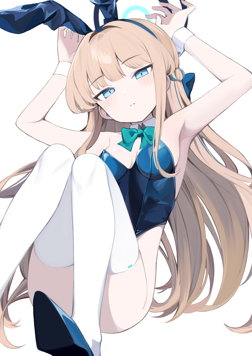 1girl absurdres animal_ears armpits ass blonde_hair blue_archive blue_eyes blue_footwear blue_hair blue_halo blue_leotard blush bow bowtie braid breasts closed_mouth detached_collar fake_animal_ears green_bow green_bowtie halo high_heels highres leotard long_hair looking_at_viewer medium_breasts multicolored_hair official_alternate_costume rabbit_ears rotroto simple_background solo strapless strapless_leotard streaked_hair thighhighs toki_(blue_archive) toki_(bunny)_(blue_archive) white_background white_thighhighs wrist_cuffs