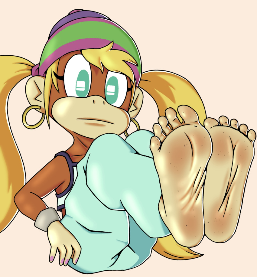 animal_humanoid anthro barefoot beanie big_feet blonde_hair blush body_blush brown_body brown_fur clothing colored_nails crop_top dirty_feet donkey_kong_(series) ear_piercing ear_ring exposed_shoulders feet female foot_blush foot_fetish foot_focus fur green_eyes hair haplorhine hat headgear headwear hi_res humanoid kariii mammal mammal_humanoid monkey monkey_humanoid nails nintendo paws piercing pigtails primate primate_humanoid ring_piercing shirt soles solo spread_toes sweatpants tan_body tan_skin tiny_kong toes topwear wrinkled_feet wrinkled_soles