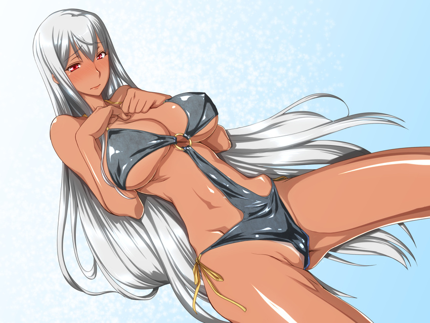 bare_shoulders bikini_tan blush breasts ebido huge_breasts long_hair lying one-piece_tan red_eyes selvaria_bles senjou_no_valkyria silver_hair solo tan tanline very_long_hair