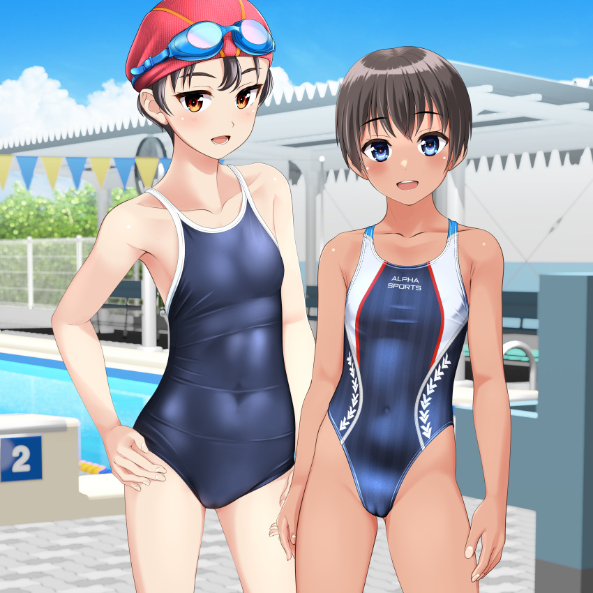 2girls absurdres bench black_hair black_one-piece_swimsuit blue_eyes blue_one-piece_swimsuit blue_sky brown_eyes cameltoe cloud collarbone commentary_request competition_school_swimsuit competition_swimsuit covered_navel day feet_out_of_frame flat_chest goggles goggles_on_head hand_on_own_hip highres lane_line long_hair multicolored_clothes multicolored_swimsuit multiple_girls one-piece_swimsuit open_mouth original outdoors pool pool_ladder poolside red_headwear round_teeth school_swimsuit short_hair sky smile standing starting_block string_of_flags striped striped_one-piece_swimsuit swim_cap swimsuit takafumi tan teeth tomboy upper_teeth_only variant_set vertical-striped_one-piece_swimsuit vertical_stripes