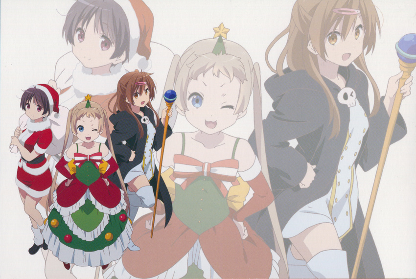 :d ;3 ;d absurdres boots christmas christmas_tree_costume chuunibyou_demo_koi_ga_shitai! cloak dekomori_sanae detached_sleeves hair_ornament hairclip half_updo hat highres leg_warmers multiple_girls nibutani_shinka one_eye_closed one_side_up open_mouth sack santa_costume santa_hat scepter shoes skull smile thigh_boots thighhighs tsuyuri_kumin