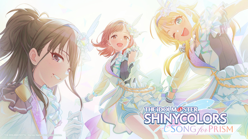 3girls absurdres ahoge asymmetrical_sleeves black_hair blonde_hair blue_eyes brown_eyes brown_hair commentary_request gloves hachimiya_meguru hair_ornament hairband highres idolmaster idolmaster_shiny_colors idolmaster_shiny_colors_song_for_prism illumination_stars_(idolmaster) kazano_hiori long_hair looking_at_viewer low_twintails mole mole_under_mouth multiple_girls official_art one_eye_closed open_mouth ponytail sakuragi_mano see-through see-through_sleeves shorts smile twintails white_gloves