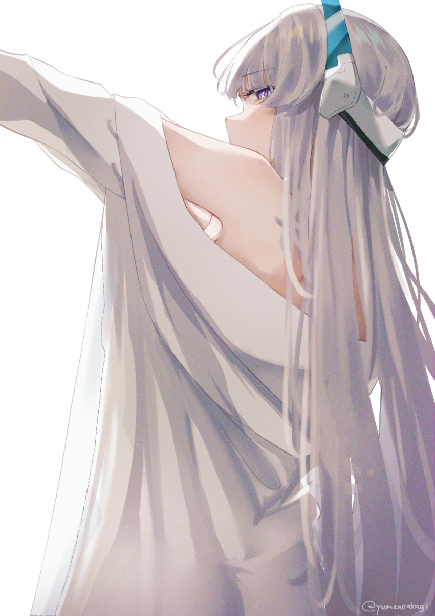 1girl absurdres blue_archive blush dressing grey_hair halo highres long_hair looking_at_viewer mechanical_halo noa_(blue_archive) profile purple_eyes shirt simple_background solo twitter_username white_background white_shirt yumenoakagi