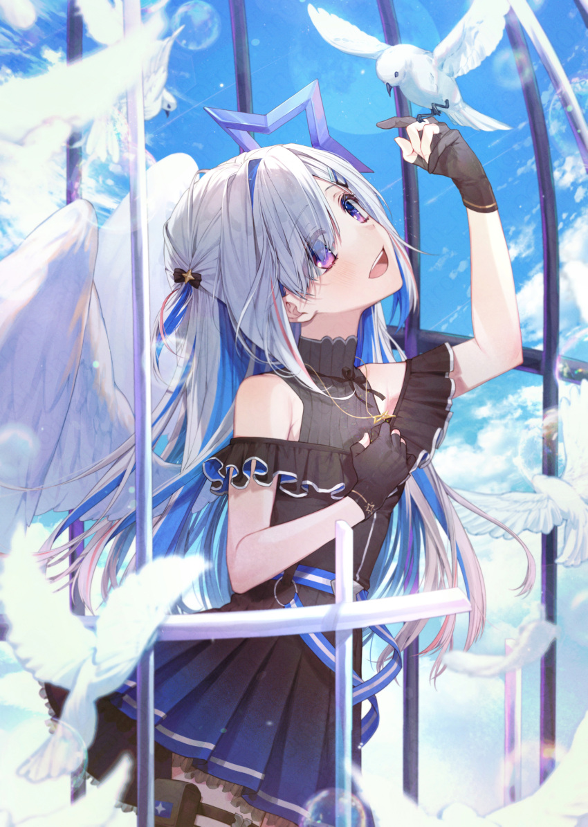1girl amane_kanata amane_kanata_(work_outfit) angel_wings belt bird black_dress black_gloves blue_belt blue_hair blue_sky cloud colored_inner_hair commentary_request cowboy_shot dress feathers frilled_dress frills gloves grey_hair hair_ornament hairclip highres hololive jewelry lens_flare light_particles long_hair moro_(from_m0r0) multicolored_hair necklace official_alternate_costume official_alternate_hair_length official_alternate_hairstyle open_mouth partially_fingerless_gloves planet pleated_dress purple_eyes short_sidetail shuriken_necklace sky sleeveless sleeveless_dress smile solo star_(symbol) star_hair_ornament streaked_hair swept_bangs teeth thigh_pouch thigh_strap upper_teeth_only virtual_youtuber white_bird wings