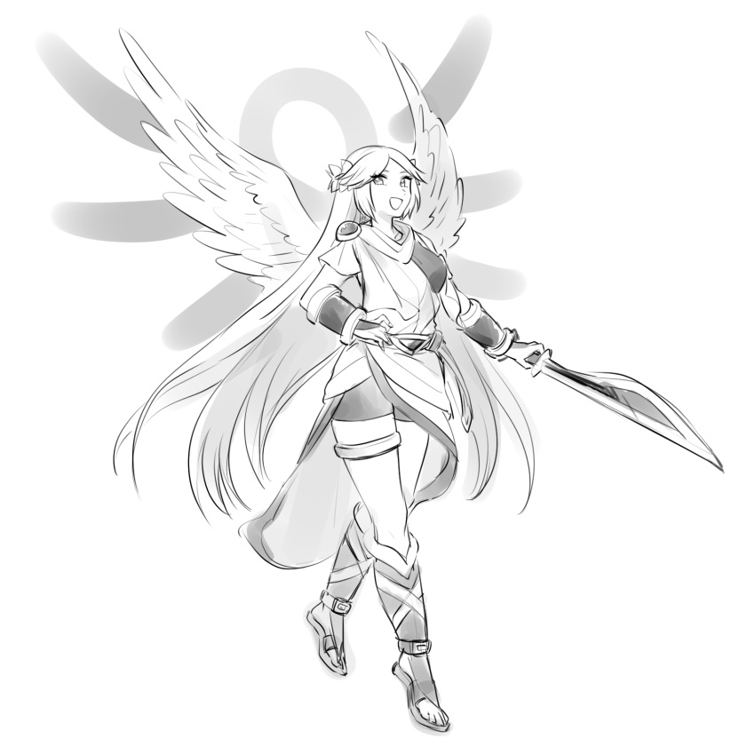 1girl 72kuri angel_wings belt bike_shorts breasts cosplay full_body greyscale highres kid_icarus kid_icarus_uprising long_hair monochrome open_mouth palutena pit_(kid_icarus) pit_(kid_icarus)_(cosplay) scarf simple_background smile solo very_long_hair wings