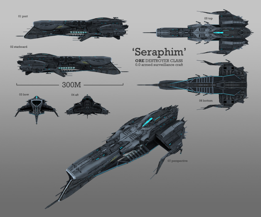 3d cannon commentary concept_art destroyer_(eve_online) eve_online glowing grey_background highres lobaud military_vehicle multiple_views no_humans original outer_ring_excavations_(eve_online) reference_sheet science_fiction spacecraft thrusters turret vehicle_focus
