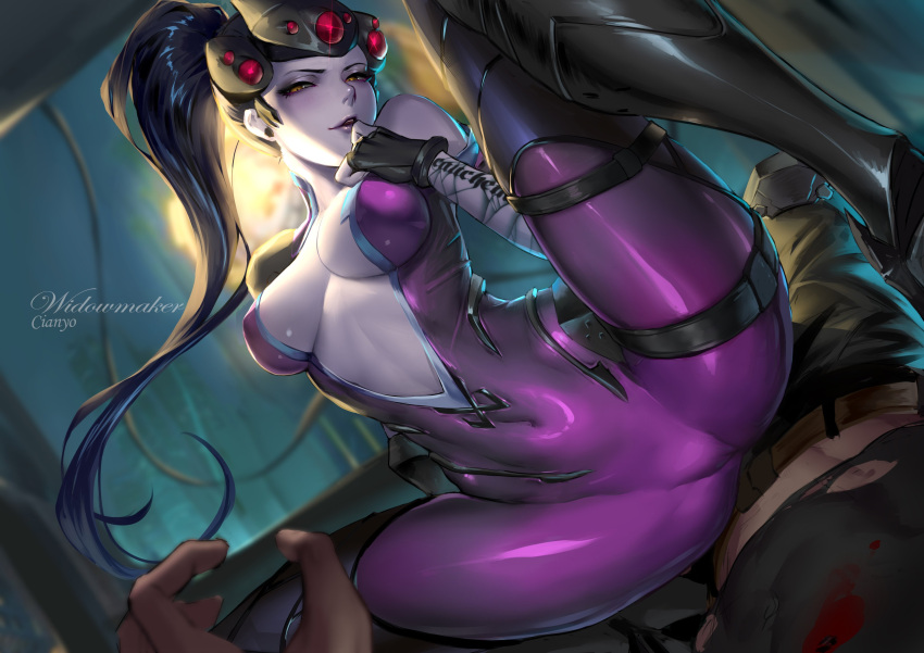 1boy 1girl absurdres bare_shoulders blood bodysuit breasts center_opening cian_yo cleavage colored_skin commentary covered_navel earrings fingerless_gloves girl_on_top gloves hair_pulled_back hand_on_own_chest head-mounted_display hetero highres jewelry lipstick makeup no_bra open_bodysuit open_clothes overwatch overwatch_1 photoshop_(medium) pink_bodysuit ponytail purple_lips purple_skin sitting sitting_on_person spread_legs straddling stud_earrings tattoo widowmaker_(overwatch)