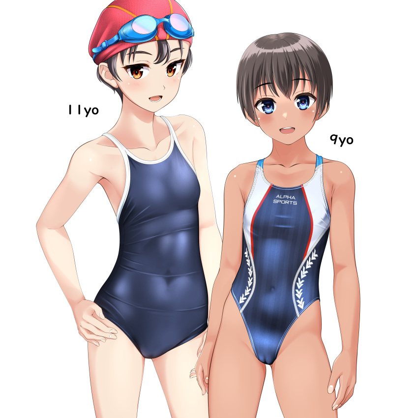 2girls absurdres black_hair black_one-piece_swimsuit blue_eyes blue_one-piece_swimsuit brown_eyes cameltoe collarbone commentary_request competition_school_swimsuit competition_swimsuit covered_navel feet_out_of_frame flat_chest goggles goggles_on_head hand_on_own_hip highres long_hair multicolored_clothes multicolored_swimsuit multiple_girls one-piece_swimsuit open_mouth original red_headwear round_teeth school_swimsuit short_hair simple_background smile standing starting_block striped striped_one-piece_swimsuit swim_cap swimsuit takafumi teeth tomboy upper_teeth_only variant_set vertical-striped_one-piece_swimsuit vertical_stripes white_background