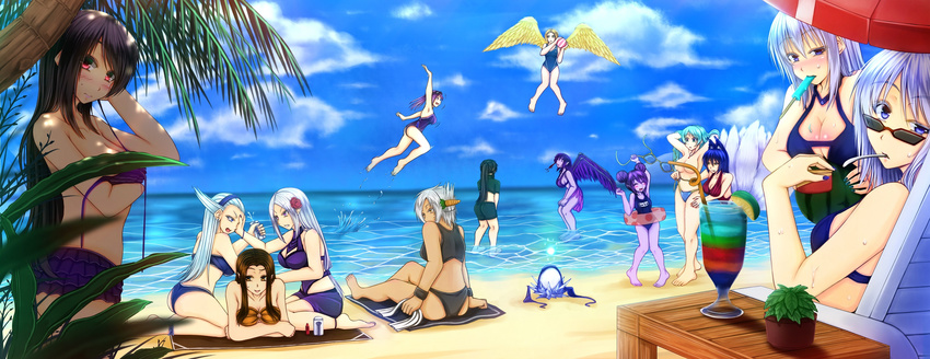 ahri akali anivia aqua_hair ashe_(league_of_legends) ball beach beachball bikini black_hair blonde_hair blood blue_eyes blue_hair breasts brown_eyes brown_hair caitlyn_(league_of_legends) censored cleavage closed_eyes cloud convenient_censoring day diana_(league_of_legends) double_bun drink flying food green_eyes highres kayle league_of_legends leona_(league_of_legends) long_hair lulu_(league_of_legends) medium_breasts morgana multiple_girls nosebleed oldlim one-piece_swimsuit outdoors ponytail popsicle purple_eyes purple_hair red_eyes riven_(league_of_legends) school_swimsuit sejuani silver_hair sky smile sona_buvelle swimsuit syndra tropical_drink very_long_hair vi_(league_of_legends) water white_hair wings yellow_eyes yordle