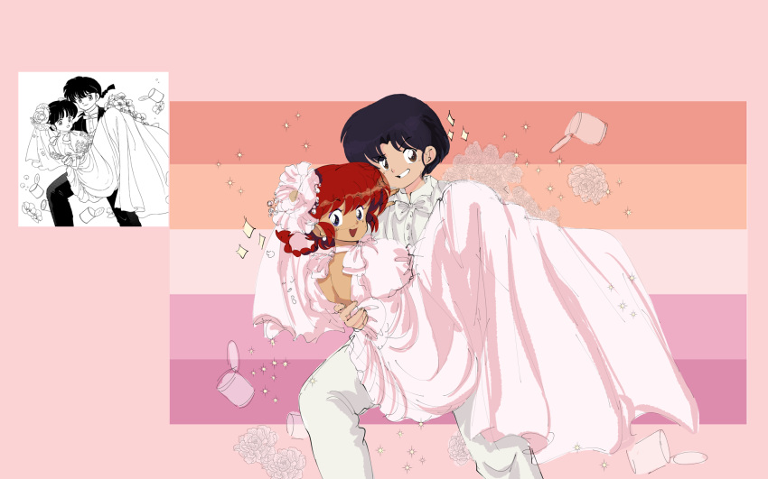 2girls bow couple derivative_work dress flower hair_flower hair_ornament happy highres holding lesbian_flag manga_panel_redraw multiple_girls pants pink_dress pink_flower plushkaiju ranma-chan ranma_1/2 reference_inset short_hair smile teeth tendou_akane white_bow white_pants yuri