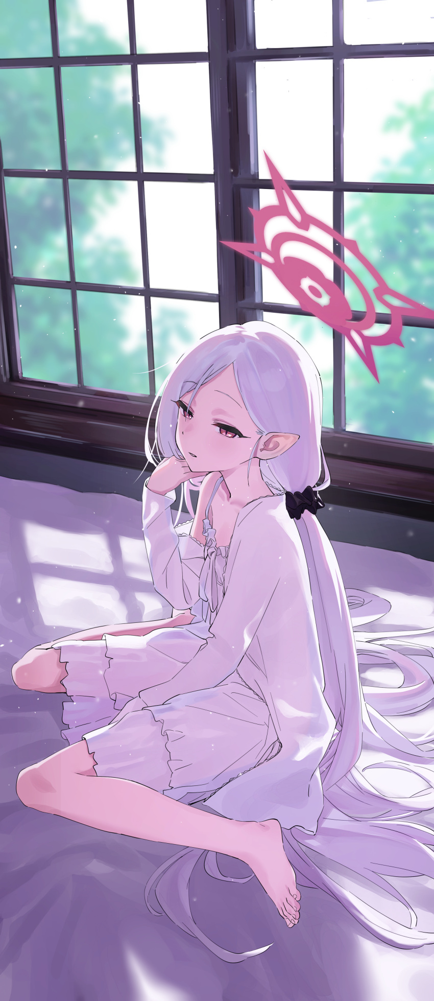 1girl absurdres barefoot bed_sheet blue_archive grey_hair halo highres indoors long_hair long_sleeves mitsutsuka mutsuki_(blue_archive) open_mouth pajamas pointy_ears red_eyes red_halo slit_pupils solo toes white_pajamas window