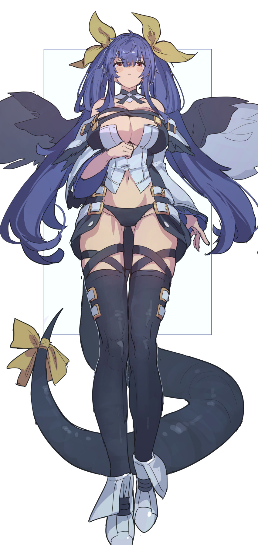 1girl absurdres angel_wings asymmetrical_wings bare_shoulders black_panties black_thighhighs blue_hair blush bow breasts cleavage detached_sleeves dizzy_(guilty_gear) full_body guilty_gear guilty_gear_xrd hair_ribbon hair_rings highres huanxiang_huifeng large_breasts long_hair monster_girl navel panties red_eyes ribbon standing tail tail_bow tail_ornament tail_ribbon thighhighs twintails underwear white_footwear white_sleeves wings yellow_ribbon