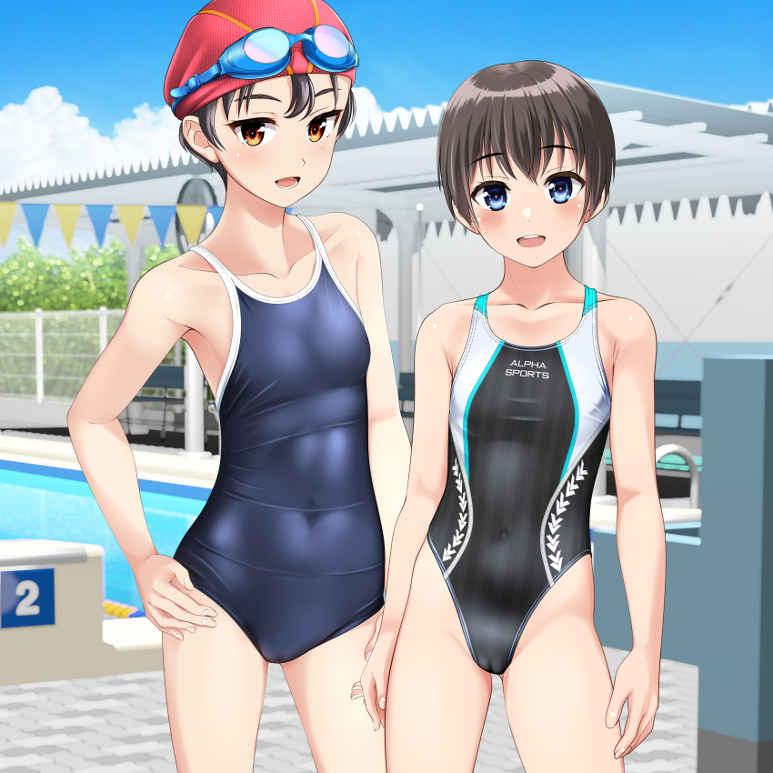 2girls absurdres bench black_hair black_one-piece_swimsuit blue_eyes blue_one-piece_swimsuit blue_sky brown_eyes cameltoe cloud collarbone commentary_request competition_school_swimsuit competition_swimsuit covered_navel day feet_out_of_frame flat_chest goggles goggles_on_head hand_on_own_hip highres lane_line long_hair multicolored_clothes multicolored_swimsuit multiple_girls one-piece_swimsuit open_mouth original outdoors pool pool_ladder poolside red_headwear round_teeth school_swimsuit short_hair sky smile standing starting_block string_of_flags striped striped_one-piece_swimsuit swim_cap swimsuit takafumi teeth tomboy upper_teeth_only variant_set vertical-striped_one-piece_swimsuit vertical_stripes