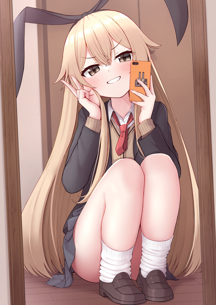 1girl absurdres alternate_costume blonde_hair blush cardigan_under_jacket cellphone commentary_request female_pov grey_eyes grin highres kantai_collection loafers long_hair looking_at_mirror loose_socks mirror necktie phone pov red_necktie school_uniform serafuku shimakaze_(kancolle) shoes sidelocks smartphone smile socks solo squatting tiemu_(man190) v very_long_hair