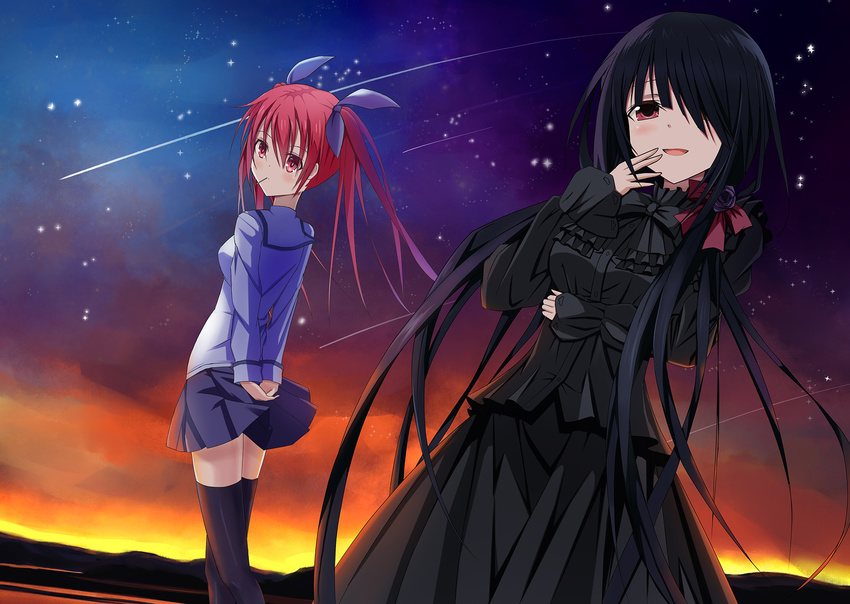 bad_id bad_pixiv_id black_hair bow candy date_a_live dress flower food highres itsuka_kotori lollipop long_hair looking_at_viewer meteor_shower multiple_girls one_eye_covered open_mouth red_eyes red_hair ribbon rose school_uniform skirt sky smile star_(sky) starry_sky sunset tianya_beiming tokisaki_kurumi twintails