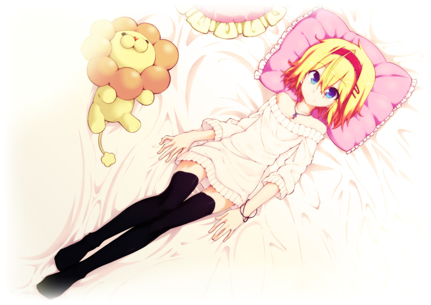ahoge alice_margatroid bare_shoulders bed_sheet black_legwear blonde_hair blue_eyes bottomless bracelet breasts cleavage cross cross_necklace dress from_above hairband highres jewelry looking_at_viewer lying mister_donut necklace no_pants on_back pendant pillow pon_de_lion short_hair small_breasts smile solo stuffed_animal stuffed_lion stuffed_toy sweater sweater_dress thigh_gap thighhighs touhou yuuki._(limit) zettai_ryouiki
