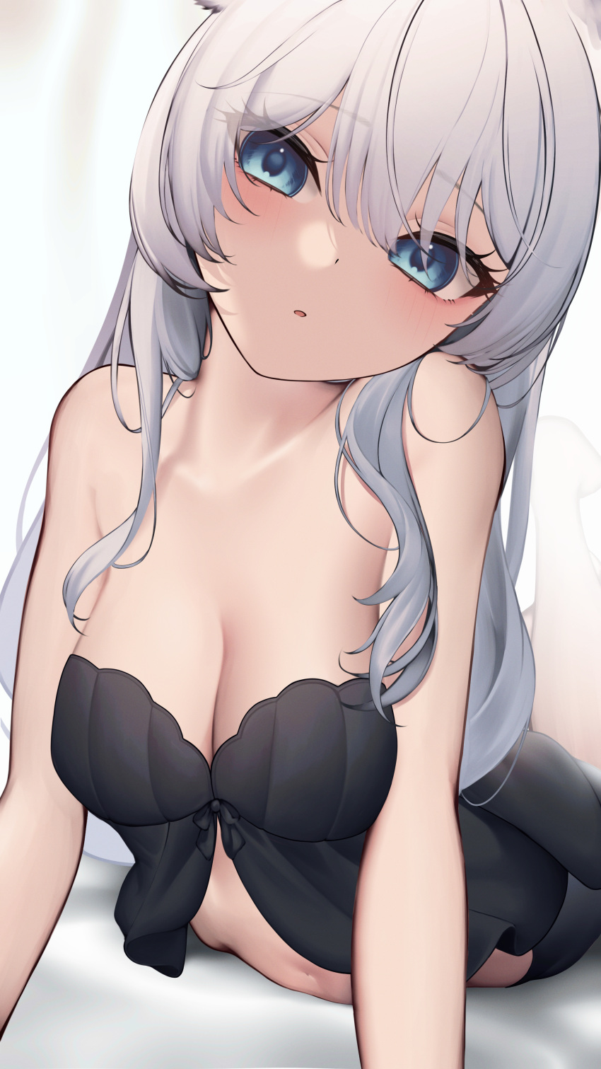 1girl absurdres arched_back bare_shoulders blue_eyes blush breasts character_request cleavage collarbone grey_hair highres long_hair looking_at_viewer lying on_stomach open_mouth shirafuji_ene sidelocks solo vrchat