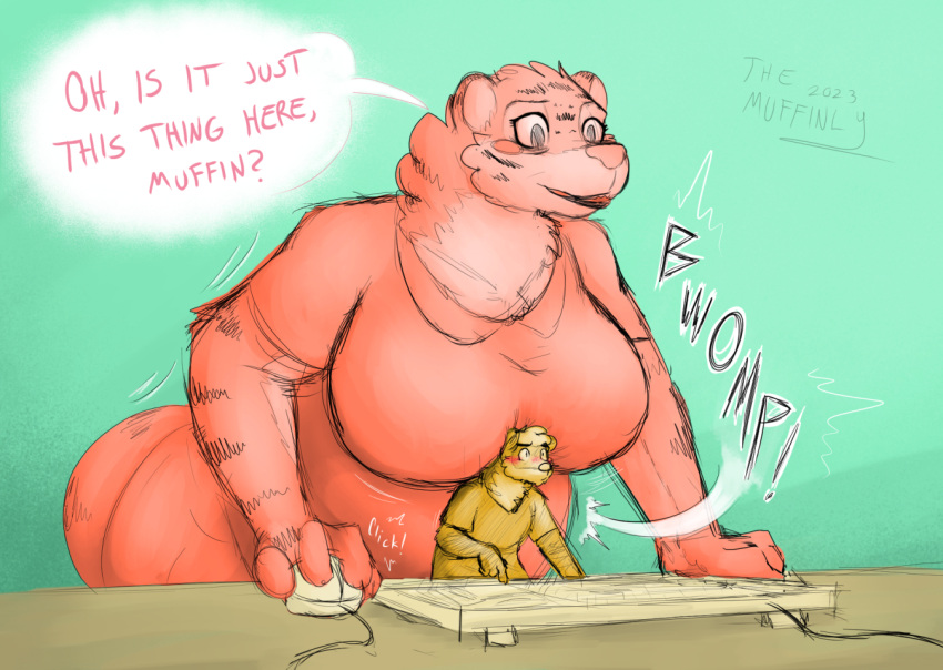 anthro big_breasts boob_hat breasts computer domestic_ferret duo electronics felid female fluffy keyboard male mammal marta_(themuffinly) muffin_(themuffinly) mustelid musteline pantherine size_difference themuffinly tiger true_musteline weasel