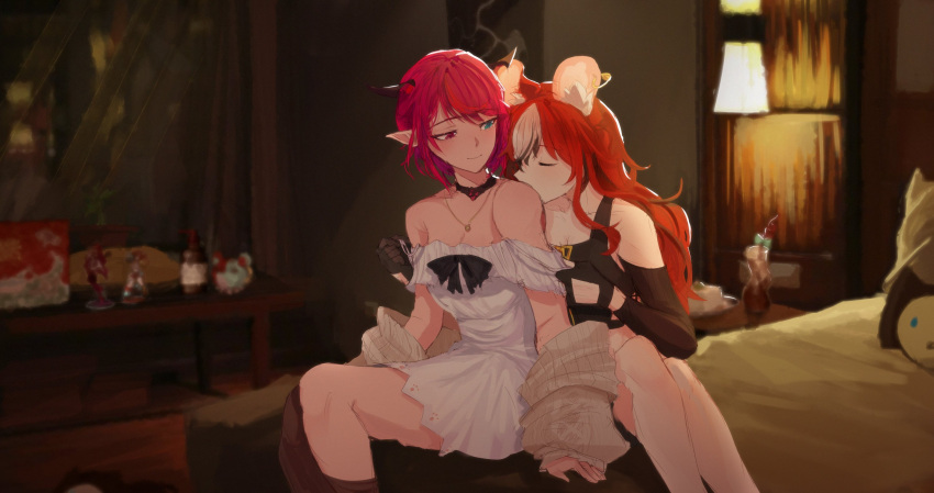2girls alternate_costume alternate_hair_length alternate_hairstyle animal_ears bedroom black_gloves blurry blurry_background blush breasts cleavage closed_eyes couple demon_horns dress drink feet_out_of_frame from_side gloves hair_down hakos_baelz heterochromia highres hololive hololive_english horns irys_(casualrys)_(hololive) irys_(hololive) jewelry kissing_back lamp long_hair looking_at_another lucesamaaa mouse_ears mouse_girl mr._squeaks_(hakos_baelz) multiple_girls necklace night on_bed pink_hair pointy_ears short_dress short_hair sitting smile undressing white_dress yuri