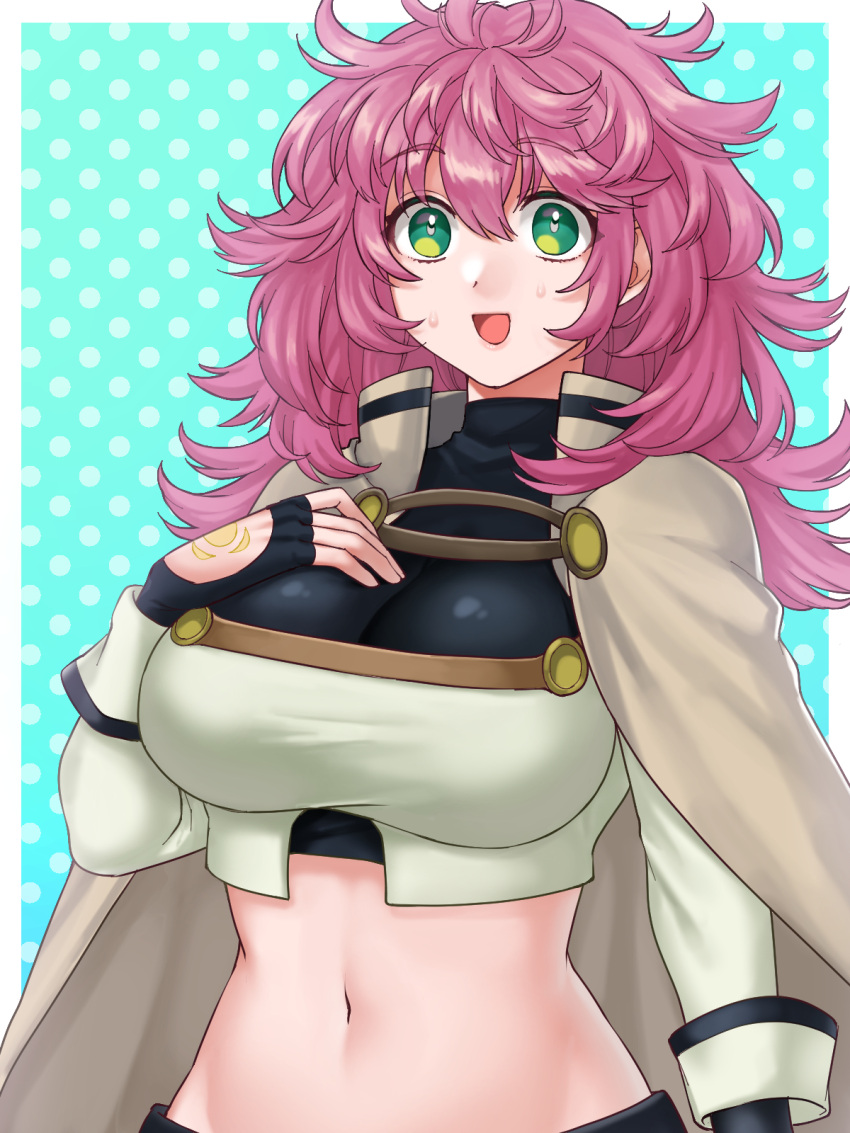 1girl :d black_gloves cape commentary_request crop_top fingerless_gloves gloves green_eyes grey_cape hair_between_eyes hand_on_own_chest hazuki_(nyorosuke) highres long_hair long_sleeves looking_at_viewer mamayuyu messy_hair midriff navel open_mouth pink_hair smile solo stomach sweat upper_body wool_pool_elysia