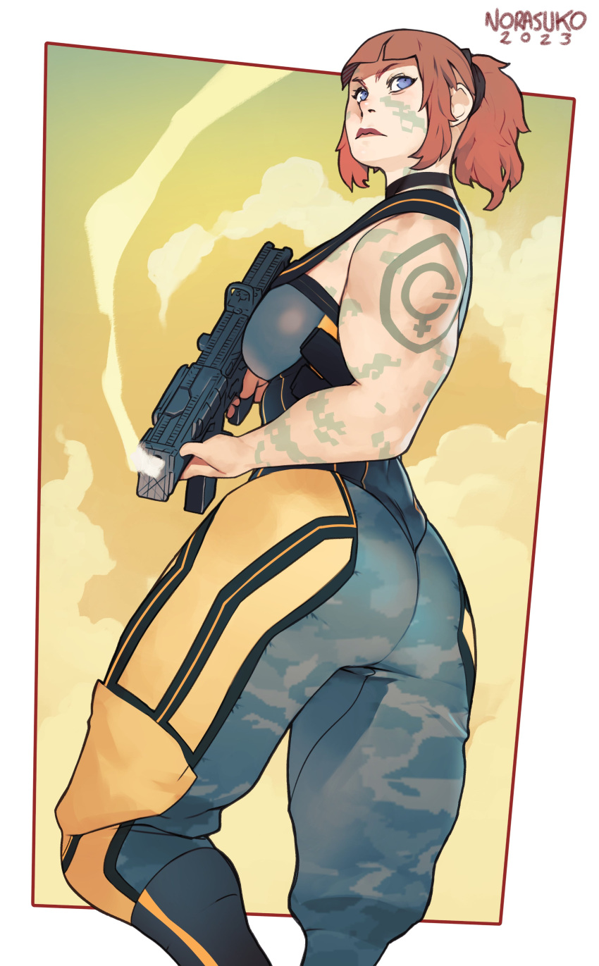 1girl absurdres arm_tattoo ass black_pants breasts brown_hair commentary english_commentary facial_tattoo gun gun_sling highres large_breasts muscular muscular_female norasuko original pants purple_eyes short_hair short_ponytail shoulder_tattoo smoke smoking_gun solo tattoo thick_thighs thighs weapon