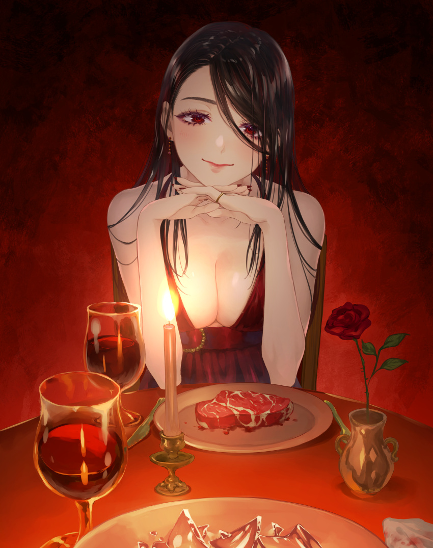 1girl absurdres bare_shoulders blood blurry bomhat breasts candle candlelight candlestand closed_mouth commentary cup depth_of_field dress drinking_glass earrings elbow_rest elbows_on_table english_commentary eyelashes eyeshadow flower food hair_between_eyes hair_over_shoulder handkerchief hands_up head_rest head_tilt highres jewelry large_breasts long_hair looking_at_viewer makeup meal meat nail_polish original own_hands_together plate pov_across_table pov_dating raw_meat red_background red_dress red_eyes red_flower red_lips red_nails red_rose red_theme red_wine ring rose shards sleeveless sleeveless_dress smile solo table upper_body vase