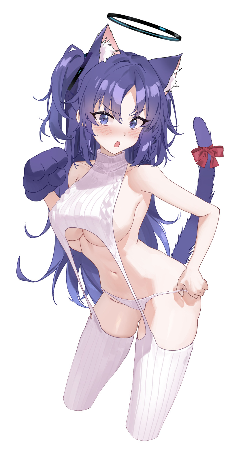 1girl absurdres animal_ear_fluff animal_ears animal_hands black_halo blue_archive blue_eyes blue_hair blush bow breasts cat_ears cat_girl cat_tail commentary commentary_request cropped_legs garter_straps gloves halo hand_up hido88 highres korean_commentary large_breasts long_hair looking_at_viewer mechanical_halo meme_attire navel panties paw_gloves red_bow red_ribbon ribbed_legwear ribbed_panties ribbed_sweater ribbed_thighhighs ribbon simple_background sleeveless sleeveless_sweater sleeveless_turtleneck solo standing sweater tail tail_bow tail_ornament tail_ribbon thighhighs turtleneck turtleneck_sweater two_side_up underboob underwear undressing variant_set virgin_destroyer_sweater white_background white_garter_straps white_panties white_sweater white_thighhighs yuuka_(blue_archive)