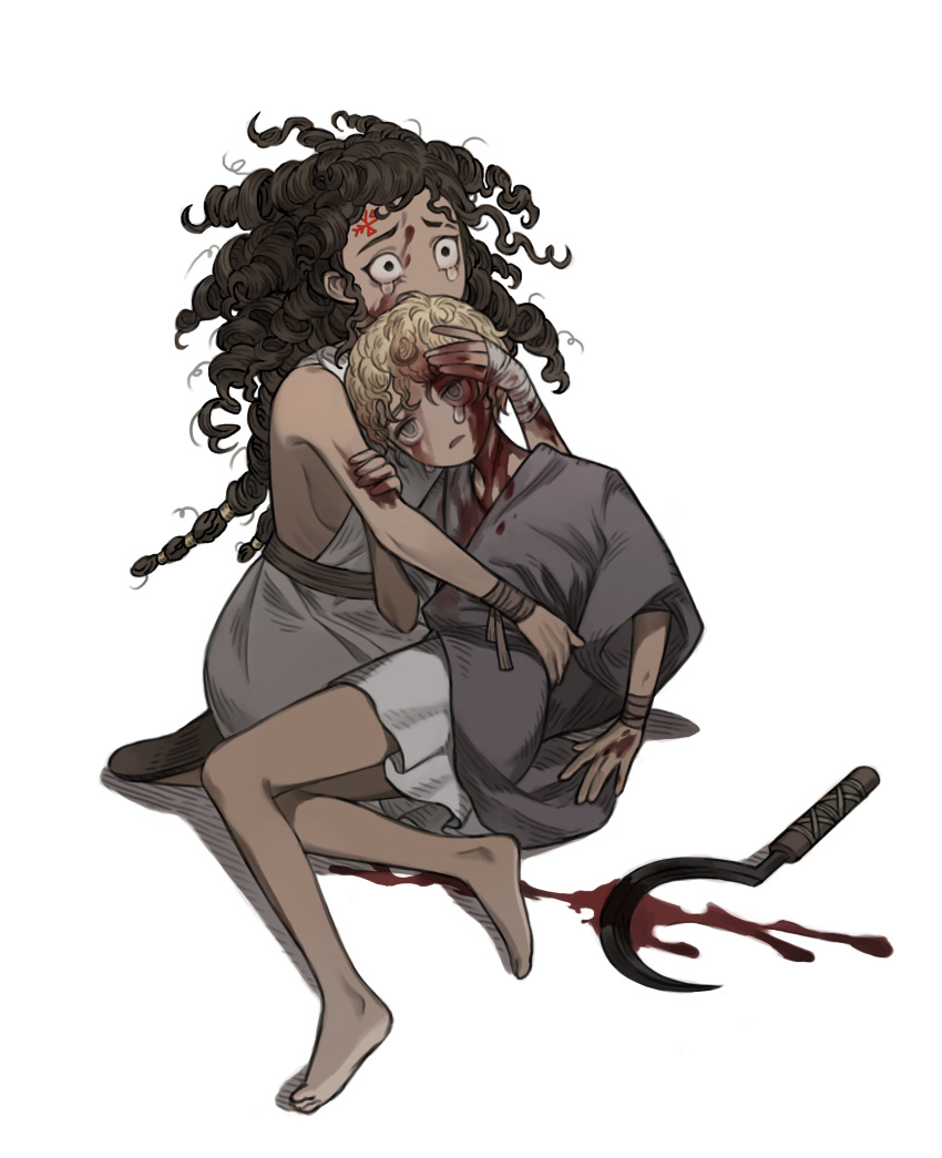 1boy 1girl absurdres bandaged_arm bandages bare_legs bare_shoulders barefoot black_eyes black_hair blonde_hair blood blood_on_clothes blood_on_face blood_on_ground blood_on_hands blood_on_weapon breasts brother_and_sister child covered_mouth crying curly_hair dark-skinned_female dark_skin despair dress dying facial_mark facial_tattoo fine_art_parody forehead_mark grey_cloak hand_on_another's_arm hand_on_another's_face hand_up highres hug injury ivan_the_terrible_and_his_son_ivan long_hair looking_ahead looking_up lying multi-tied_hair napal_(ve_xillum) original parody ringlets robe sash scythe seiza short_hair siblings sideboob simple_background sitting tattoo toga twisted_torso weapon white_background white_dress white_robe wrist_wrap