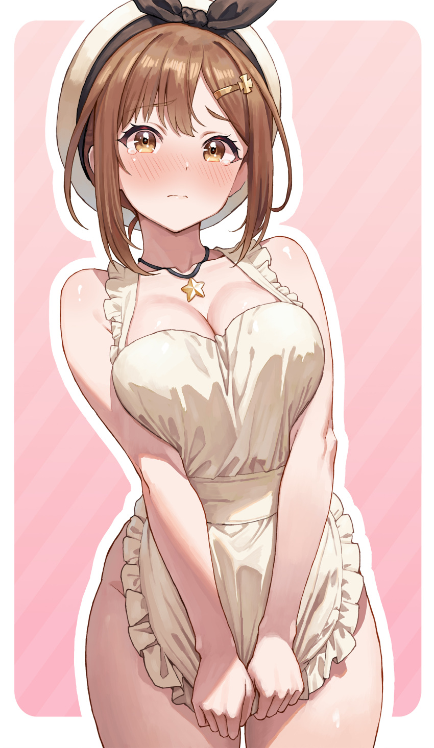 1girl absurdres apron apron_pull atelier_(series) atelier_ryza atelier_ryza_1 bare_arms beret blush breasts brown_eyes brown_hair cleavage closed_mouth collarbone commentary_request cowboy_shot embarrassed hair_ornament hairclip hat highres jewelry large_breasts looking_at_viewer naked_apron necklace raiden_(kdsn3783) reisalin_stout sidelocks simple_background solo standing star_(symbol) star_necklace white_apron white_headwear