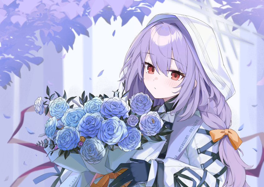 1girl absurdres atsuko_(blue_archive) blue_archive blush bouquet braid closed_mouth hair_between_eyes highres holding holding_bouquet hood hood_up hooded_jacket jacket long_hair long_sleeves looking_at_viewer purple_hair red_eyes solo trigonometric_function twin_braids white_jacket