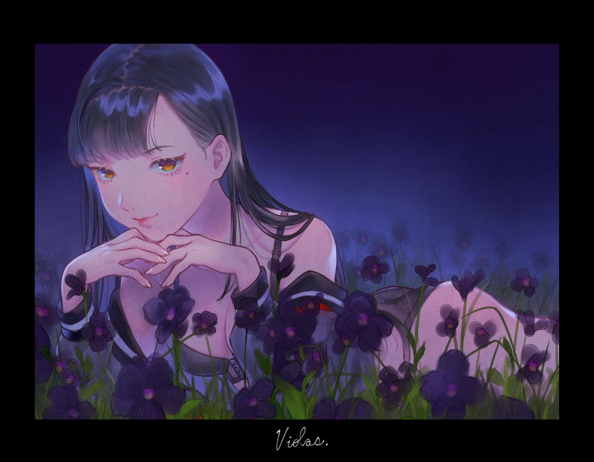 1girl bare_shoulders black_bra black_hair black_panties blue_background blunt_bangs bomhat bra closed_mouth cowboy_shot eyelashes fate_(series) field fingernails flower flower_field grass grey_shirt hair_behind_ear head_rest highres lipstick long_hair long_sleeves looking_at_viewer makeup mole mole_under_eye no_pants off_shoulder on_ground open_clothes open_shirt original own_hands_together panties purple_flower purple_theme shirt smile solo straight_hair underwear yellow_eyes