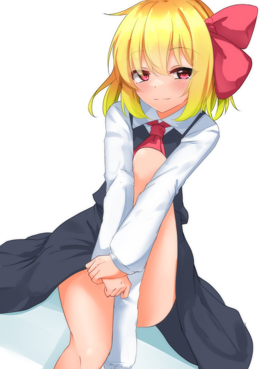 1girl ascot black_dress black_skirt black_vest blonde_hair blush bow collared_dress dress eyes_visible_through_hair hair_ribbon half-closed_eyes highres long_sleeves looking_at_viewer own_hands_together red_ascot red_bow red_eyes red_ribbon ribbon rody_(hayama_yuu) rumia shirt short_hair simple_background sitting skirt smile socks solo split_mouth thighs touhou vest white_background white_shirt white_socks