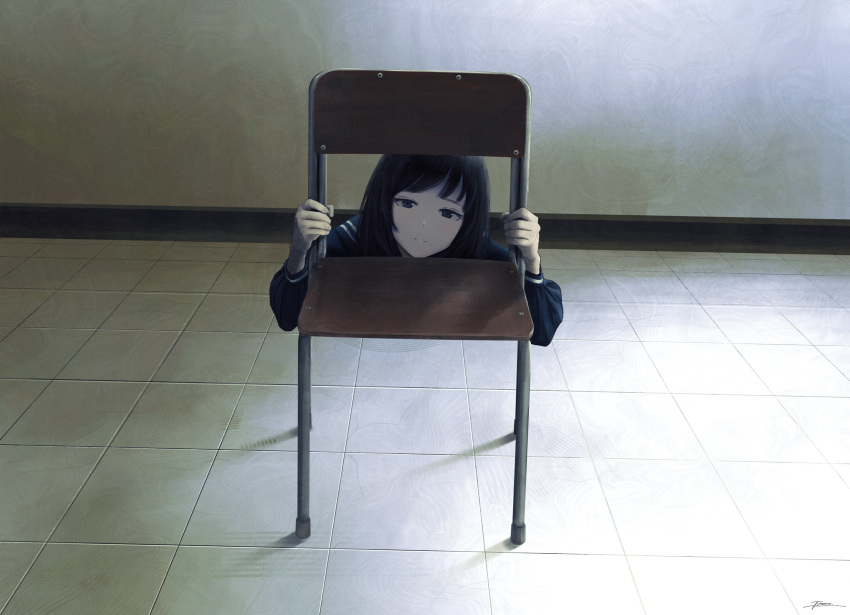 1girl absurdres black_eyes black_hair black_serafuku bob_cut chair fracoco highres horror_(theme) indoors looking_at_viewer medium_hair original sailor_collar school_uniform serafuku signature smile solo tile_floor tiles