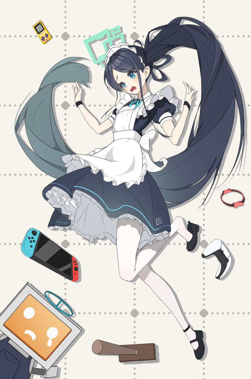 &lt;key&gt;_(robot)_(blue_archive) 1girl absurdly_long_hair absurdres apron aqua_halo aqua_ribbon aris_(blue_archive) aris_(maid)_(blue_archive) black_dress black_footwear black_hair black_wristband blue_archive blue_eyes commentary_request controller dress frilled_apron frills game_boy game_controller handheld_game_console highres long_hair maid maid_apron maid_headdress nintendo_switch official_alternate_costume open_mouth pantyhose parted_hair ponytail puffy_short_sleeves puffy_sleeves ribbon rroc_(rrck11) short_sleeves square_halo very_long_hair white_apron white_pantyhose