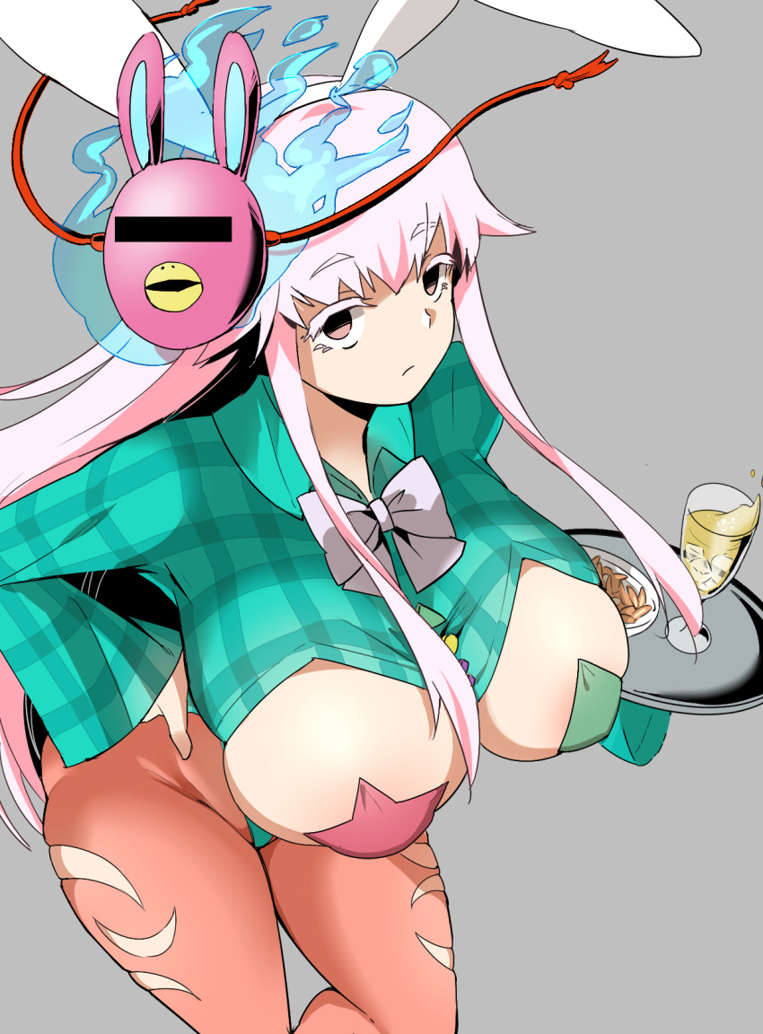 1girl adapted_costume animal_ears aqua_shirt blue_bow blue_bowtie bow bowtie breast_cutout breasts censored closed_mouth collared_shirt commentary_request cup drink drinking_glass expressionless fake_animal_ears food hand_on_own_hip hata_no_kokoro highres holding holding_tray ice ice_cube identity_censor large_breasts long_hair looking_at_viewer mask orange_pantyhose pantyhose pasties pink_eyes pink_hair plaid plaid_shirt plate rabbit_ears shirt simple_background solo standing tannkobuiwa touhou tray