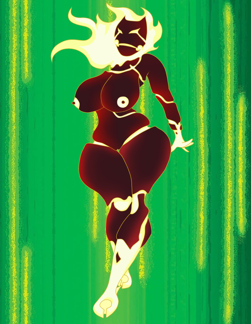 absurd_res anthro areola ben_10 big_breasts boots_(marking) breasts cartoon_network female fire flaming_hair fuego full-length_portrait genitals gloves_(marking) green_background hi_res lewarfire markings monster nipples nude portrait pseudo_hair pussy red_body simple_background solo