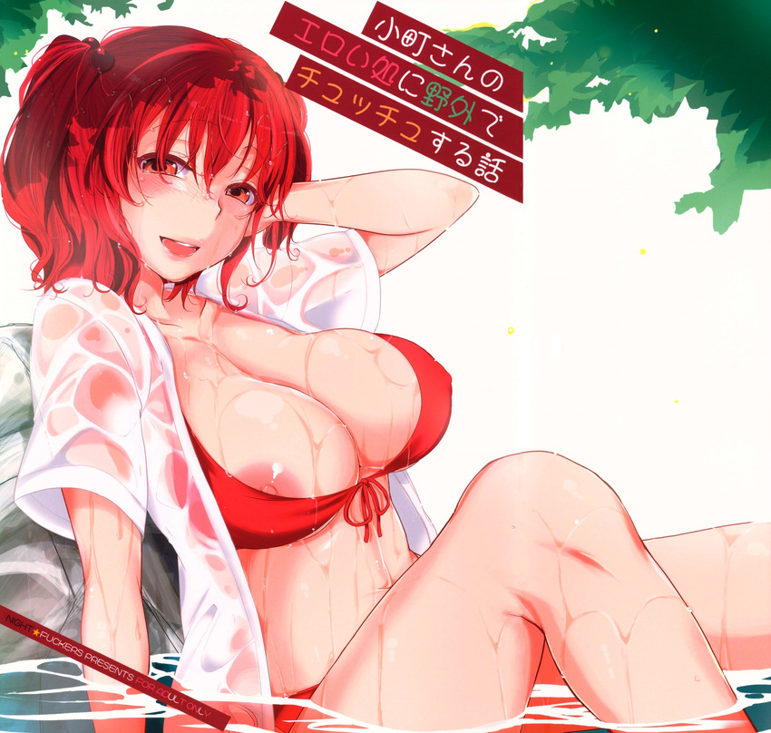 areola_slip areolae bikini blush breasts cover cover_page front-tie_top highres large_breasts looking_at_viewer mitsugi nipple_slip nipples onozuka_komachi open_clothes open_mouth open_shirt partially_submerged red_bikini red_eyes red_hair see-through shirt short_hair smile solo swimsuit touhou two_side_up water wet wet_clothes wet_shirt