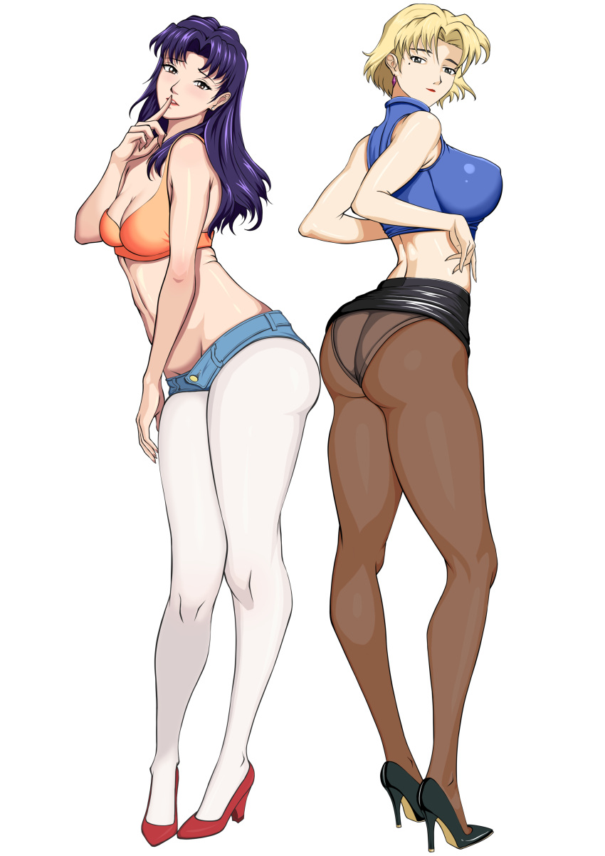 2girls absurdres akagi_ritsuko alternate_legwear ass black_footwear blonde_hair bra denim denim_shorts full_body high_heels highres katsuragi_misato lipstick makeup multiple_girls neon_genesis_evangelion panties panties_under_pantyhose pantyhose purple_hair red_footwear short_shorts shorts underwear user_jnak4353 white_panties white_pantyhose