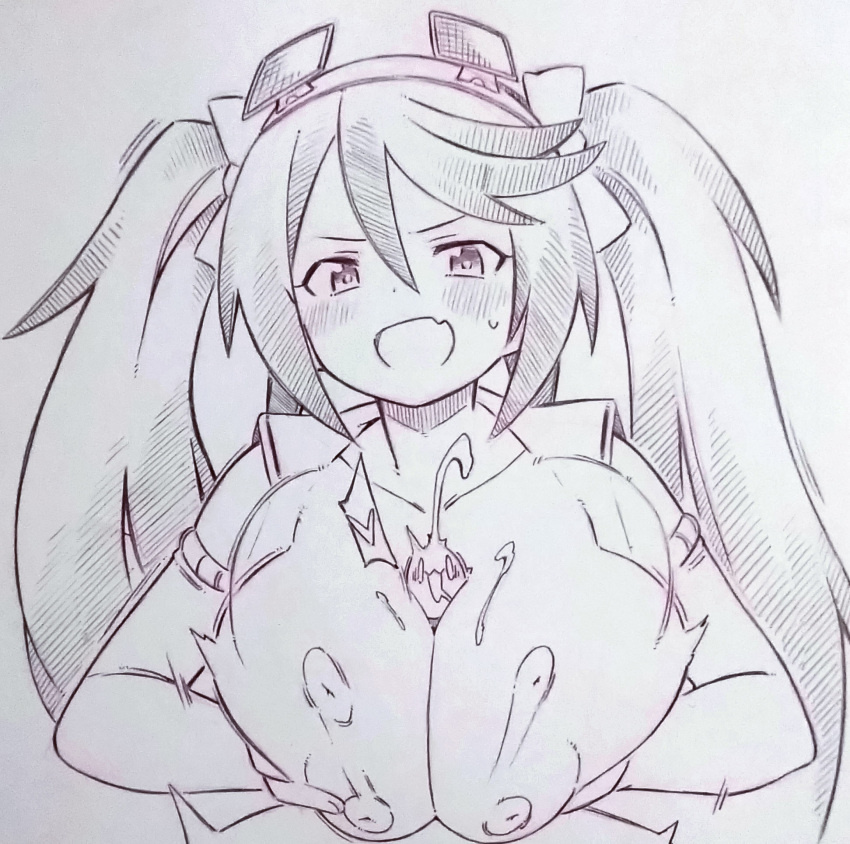 1girl :d blush bouncing_breasts breasts commentary_request copyright_request cum detached_sleeves ejaculation hetero highres large_breasts long_hair monochrome motion_lines open_mouth paizuri penis_face smile solo_focus traditional_media tsukareta_san twintails