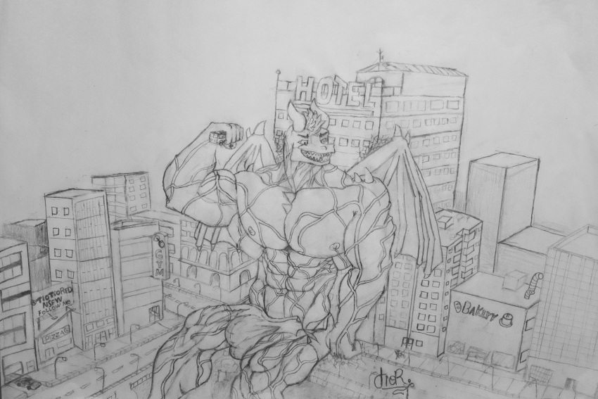 abs absurd_res anthro bakery biceps big_muscles building bulge city city_background city_destruction clothed clothing destruction dragon gym hair hi_res horn hotel macro male muscular muscular_anthro muscular_male nipples open_mouth outside pecs sitting sitting_on_ground sky smile solo street teeth text tiotiored torn_clothing traditional_media_(artwork) underwear vein veiny_muscles wings