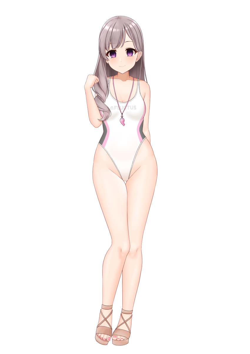 1girl absurdres breasts brown_eyes competition_swimsuit full_body grey_hair hair_over_shoulder highleg highleg_swimsuit highres idolmaster idolmaster_shiny_colors laichange long_hair looking_at_viewer medium_breasts multicolored_clothes multicolored_swimsuit official_alternate_costume one-piece_swimsuit sandals simple_background solo standing swimsuit whistle whistle_around_neck white_background white_one-piece_swimsuit yukoku_kiriko