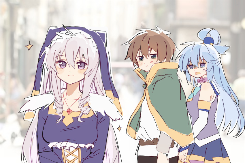 1boy 2girls absurdres aqua_(konosuba) distracted_boyfriend_(meme) eris_(konosuba) highres kono_subarashii_sekai_ni_shukufuku_wo! meme multiple_girls pekeheihou satou_kazuma