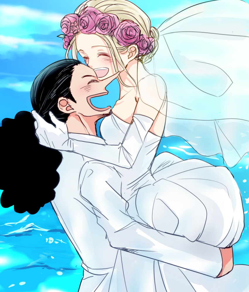 1boy 1girl alternate_costume black_hair blonde_hair closed_eyes commentary_request curly_hair dress facial_hair flower formal goatee hair_flower hair_ornament highres kaya_(one_piece) long_hair long_nose mike_(kuroneko1109) one_piece open_mouth outdoors pink_flower ponytail smile suit usopp wedding_dress