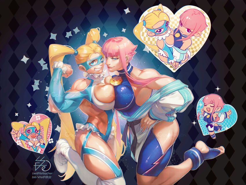 2girls biceps blonde_hair blue_eyes boots breast_press breasts fefeather flexing heart highres knee_boots large_breasts leotard manon_legrand martial_arts_belt mask medal multiple_girls muscular muscular_female off_shoulder pink_hair rainbow_mika smile street_fighter street_fighter_6 street_fighter_v symmetrical_docking toeless_footwear unitard wrestling_outfit