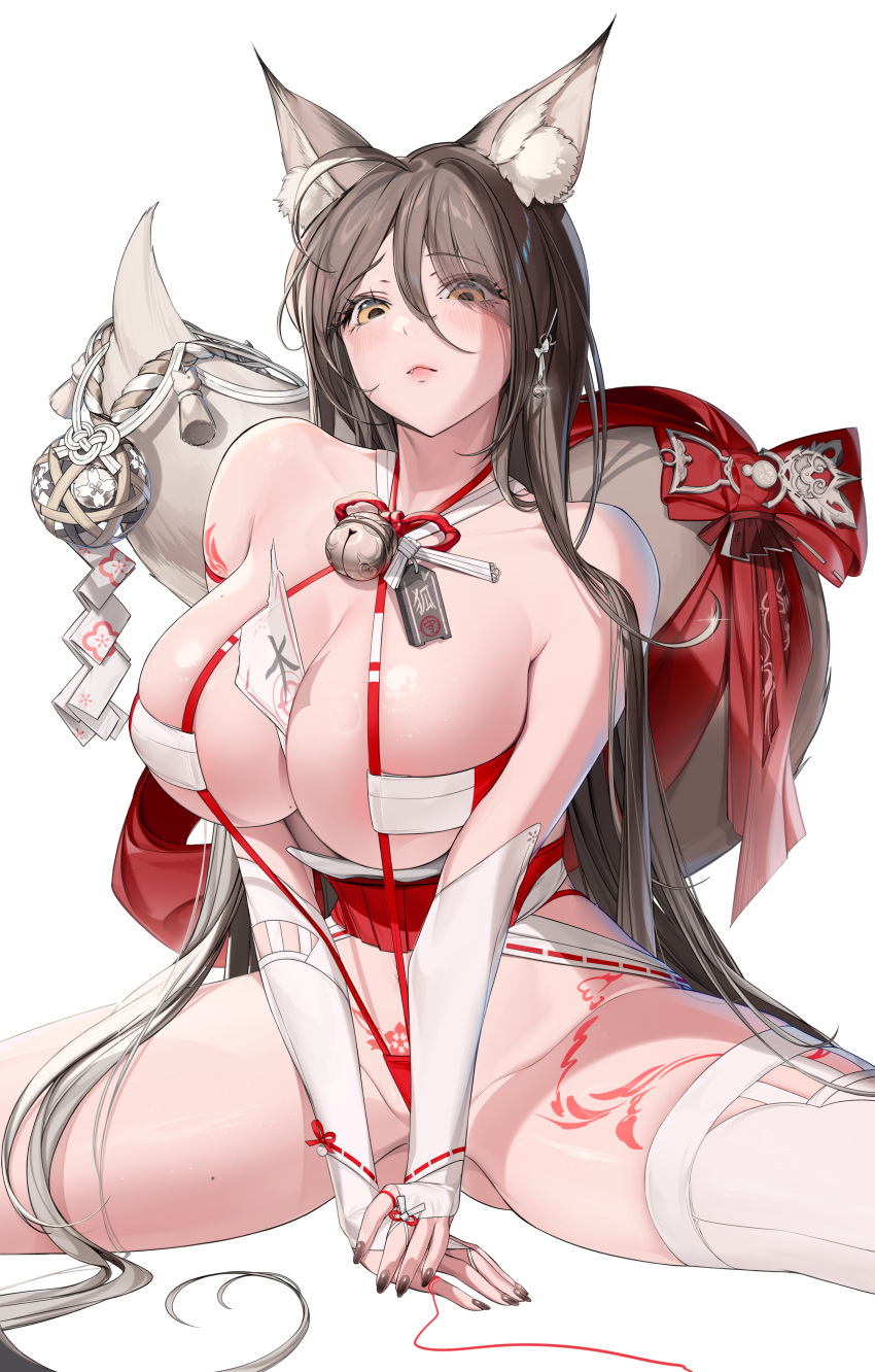 1girl :&lt; absurdres ahoge ang animal_ear_fluff animal_ears arm_support ball bell between_breasts black_nails blush bow breasts bridal_gauntlets brown_hair cleavage closed_mouth double-parted_bangs earrings feet_out_of_frame fingernails fox_ears fox_girl fox_tail glint gloves hair_between_eyes highres jewelry large_breasts large_tail leg_tattoo light_rays long_hair looking_at_viewer madaeng mole mole_on_breast mole_on_thigh multicolored_hair nail_polish neck_bell ofuda one-piece_swimsuit original pubic_tattoo red_bow red_one-piece_swimsuit revealing_clothes rope shide shimenawa shiny_skin simple_background single_thighhigh sitting sky slingshot_swimsuit solo spread_legs streaked_hair string string_of_fate swimsuit tail tattoo temari_ball thighhighs thighs very_long_hair white_background white_gloves white_hair white_thighhighs yellow_eyes