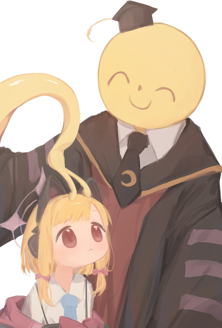 1boy 1girl :&lt; ^_^ absurdres animal_ear_headphones animal_ears ansatsu_kyoushitsu black_necktie blonde_hair blue_archive blue_necktie cat_ear_headphones closed_eyes colored_skin crossover doodle_sensei_(blue_archive) fake_animal_ears halo hat headphones highres koro-sensei looking_at_another looking_up low-tied_sidelocks middletwo momoi_(blue_archive) mortarboard necktie off_shoulder pink_halo red_eyes sensei_(blue_archive) shirt simple_background smile tentacles white_background white_shirt yellow_skin