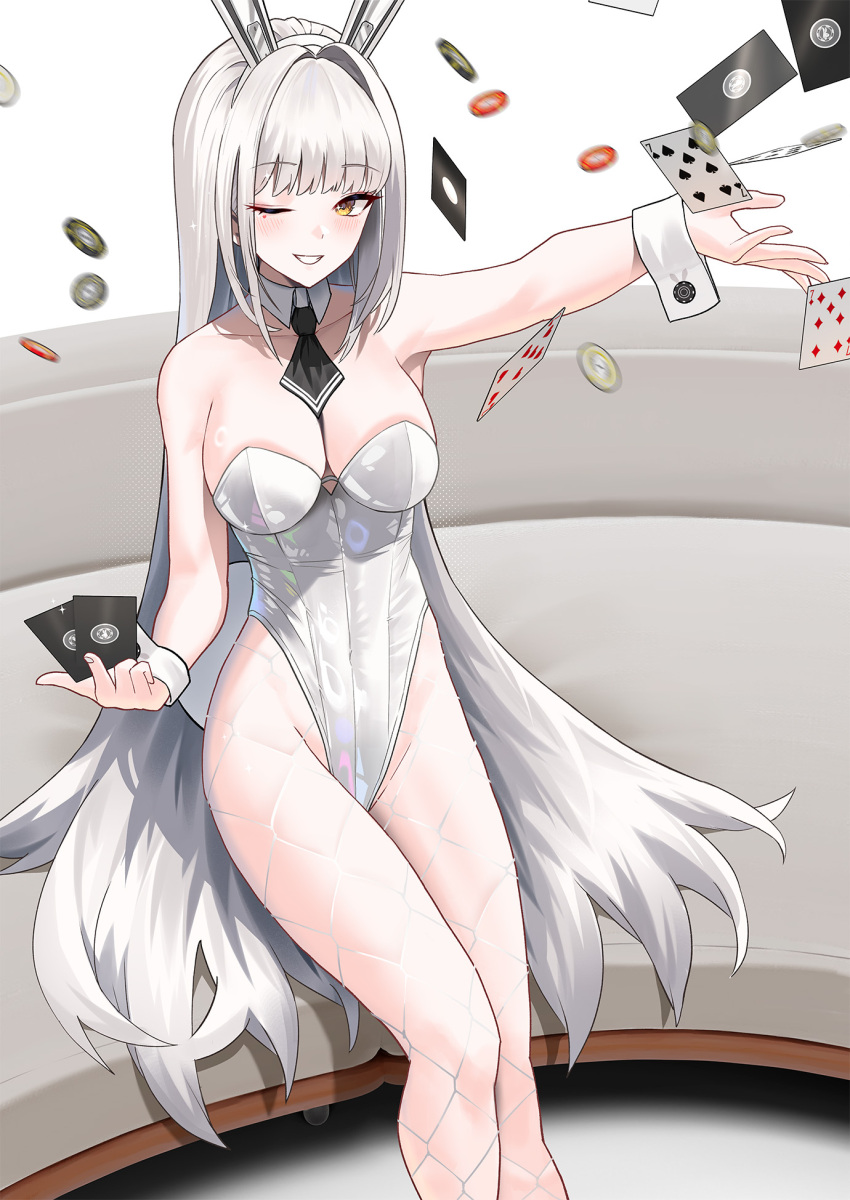 1girl ;d animal_ears bare_shoulders black_necktie blanc_(nikke) blush breasts brown_eyes card cirilla_lin closed_mouth couch detached_collar fake_animal_ears fake_tail feet_out_of_frame fishnet_pantyhose fishnets goddess_of_victory:_nikke grey_hair hairband highleg highleg_leotard highres holding holding_card large_breasts leotard long_hair looking_at_viewer mole mole_under_eye necktie on_couch one_eye_closed outstretched_arm pantyhose parted_lips playboy_bunny playing_card poker_chip rabbit_ears rabbit_tail sitting smile solo strapless strapless_leotard tail throwing very_long_hair white_hairband white_leotard wrist_cuffs