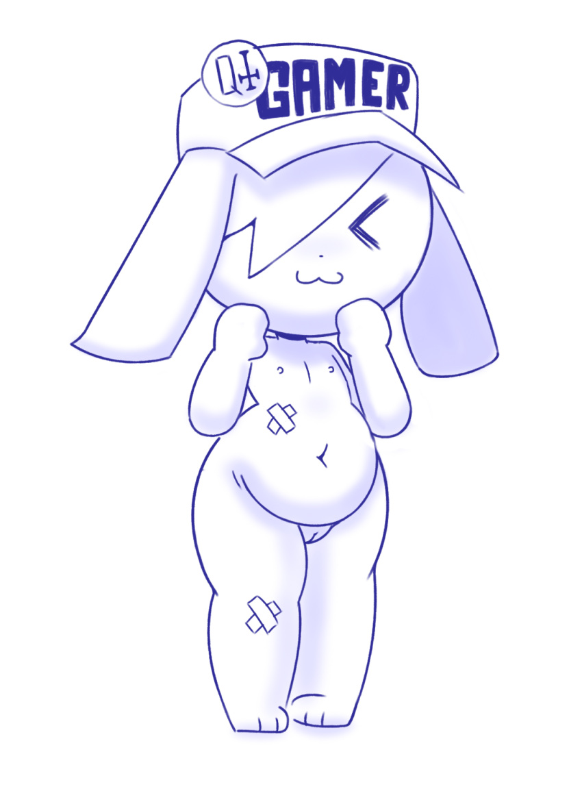 &gt;w&lt; annie_(disfigure/rafielo) bandage chubby_female clothing disfigure excited female genitals hair hair_over_eye hat headgear headwear hi_res lagomorph leporid mammal navel nipples nude one_eye_obstructed pussy rabbit slightly_chubby solo