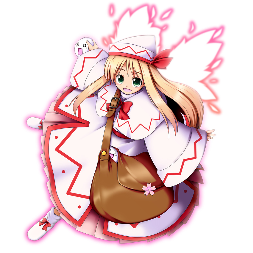 absurdres bag blonde_hair capelet fairy_wings from_above green_eyes hat hat_ribbon highres kedama lily_white long_hair looking_at_viewer masu_shu open_mouth ribbon satchel solo touhou transparent_background wide_sleeves wings