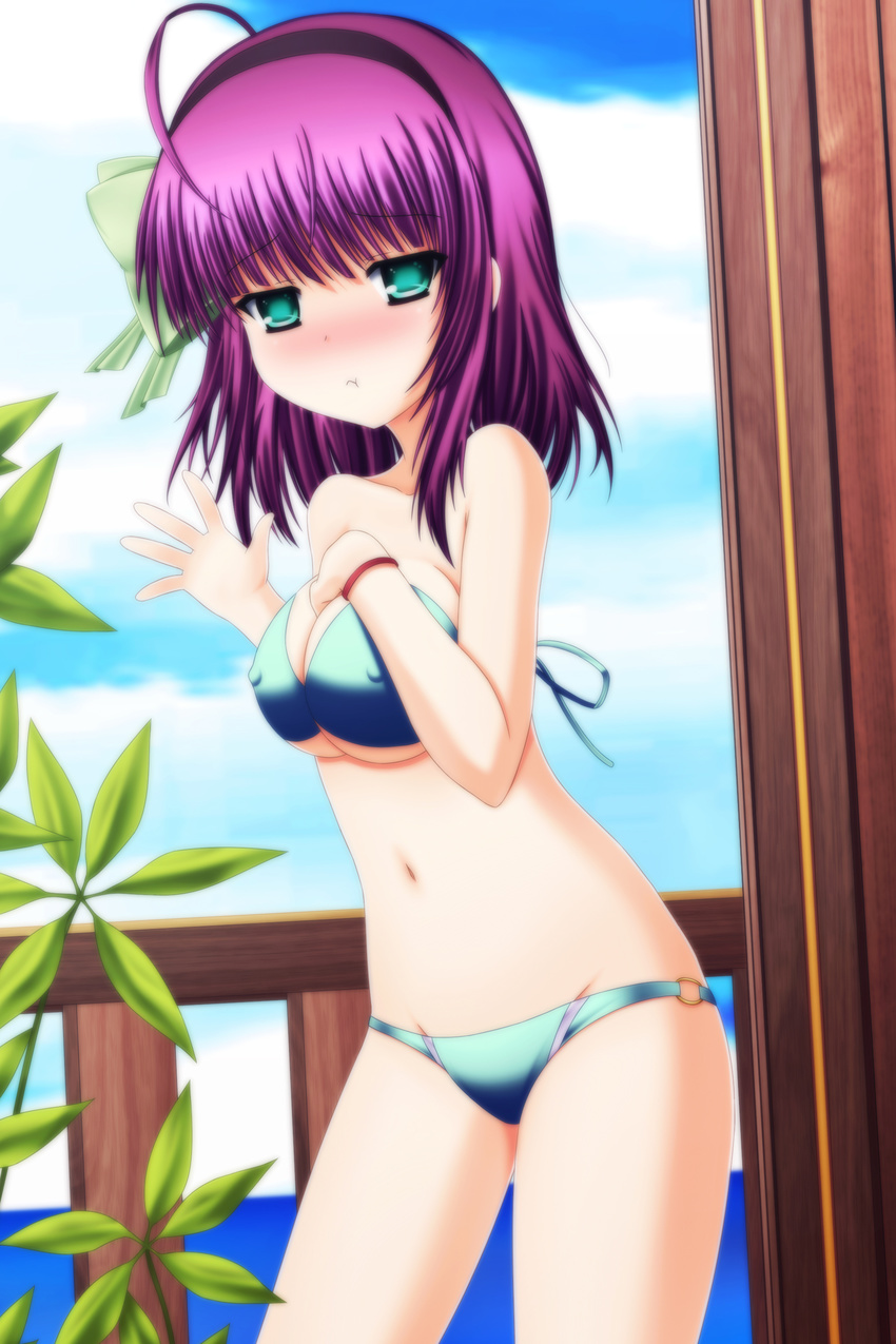 absurdres angel_beats! bad_id bad_pixiv_id bikini breasts covered_nipples green_eyes hairband highres medium_breasts p_mayuhime purple_hair short_hair solo swimsuit yuri_(angel_beats!)